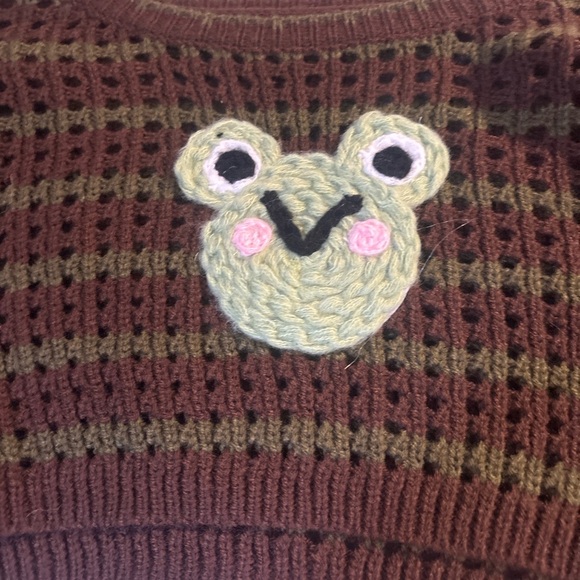 Frog Crochet Patch Striped Knit Shrug Sweater Brown & Green Y2K 1197 - Picture 3 of 4